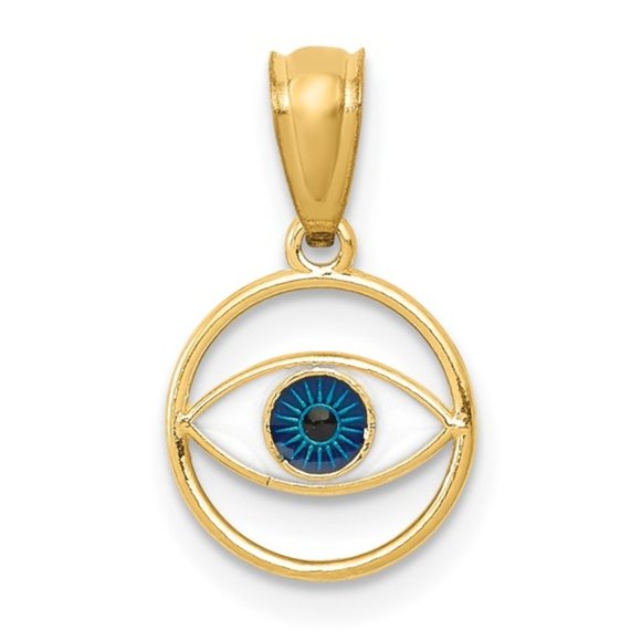 14k Yellow Gold Mini round Evil Eye protect Necklace Charm Pendant blue enamel - Picture 1 of 3